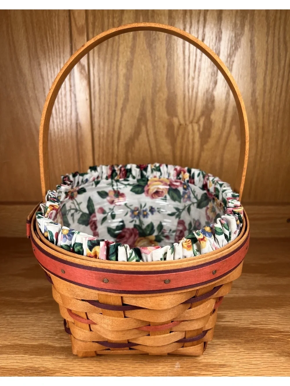 Longaberger 1995 Handwoven Wooden Basket with Floral Fabric Liner and Proteo